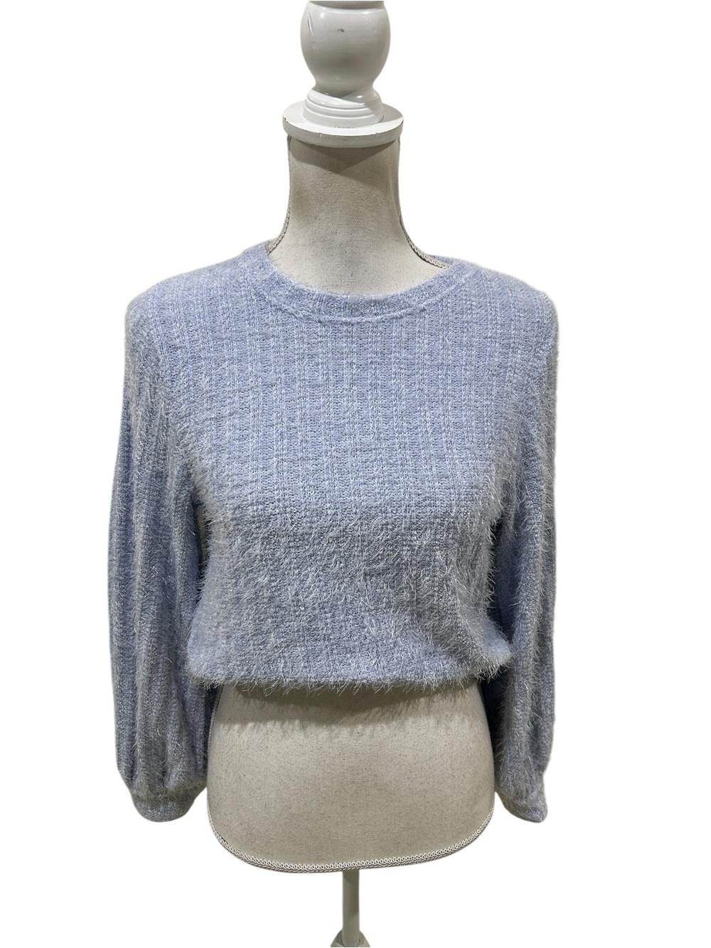 Altar'd State Light Blue Fuzzy Knit Sweater elastic waist cuffs size small